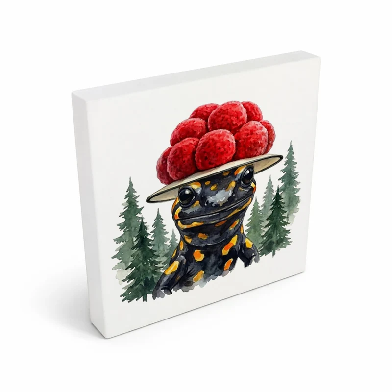 Schwarzwald Bollenhut - Gewässer Tier Feuersalamander Holzbild in 10x10 cm zum Stellen oder Aufhängen