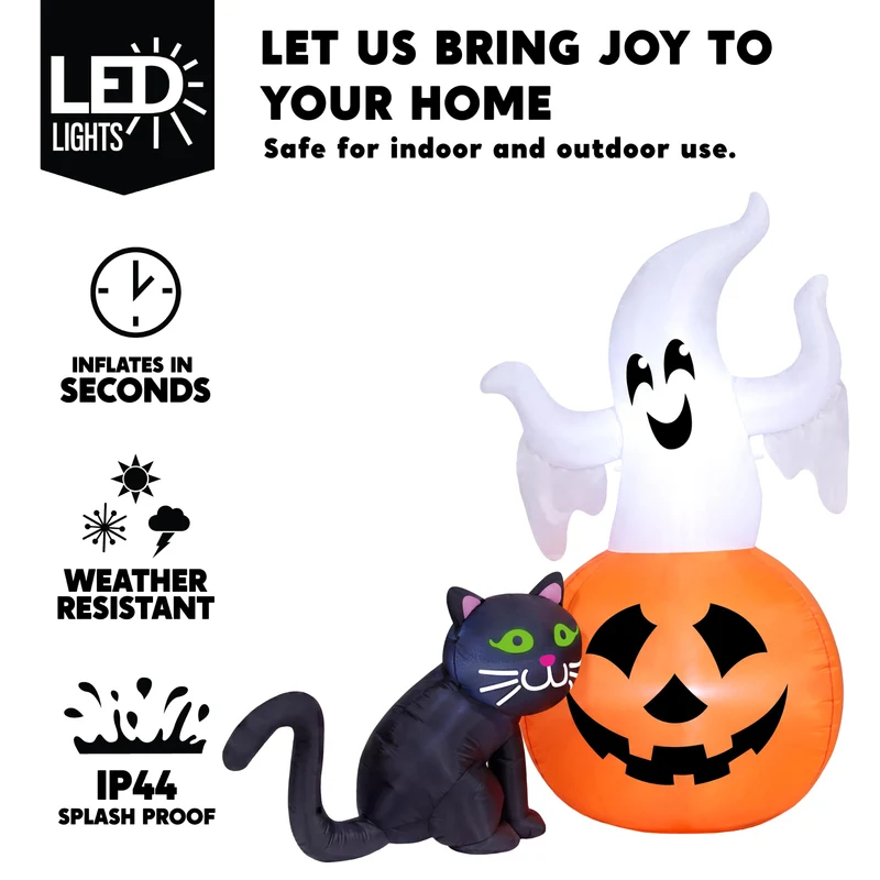 JOYIN 5 FT Lighted Ghost on Pumpkin with Black Cat - Halloween Inflatable
