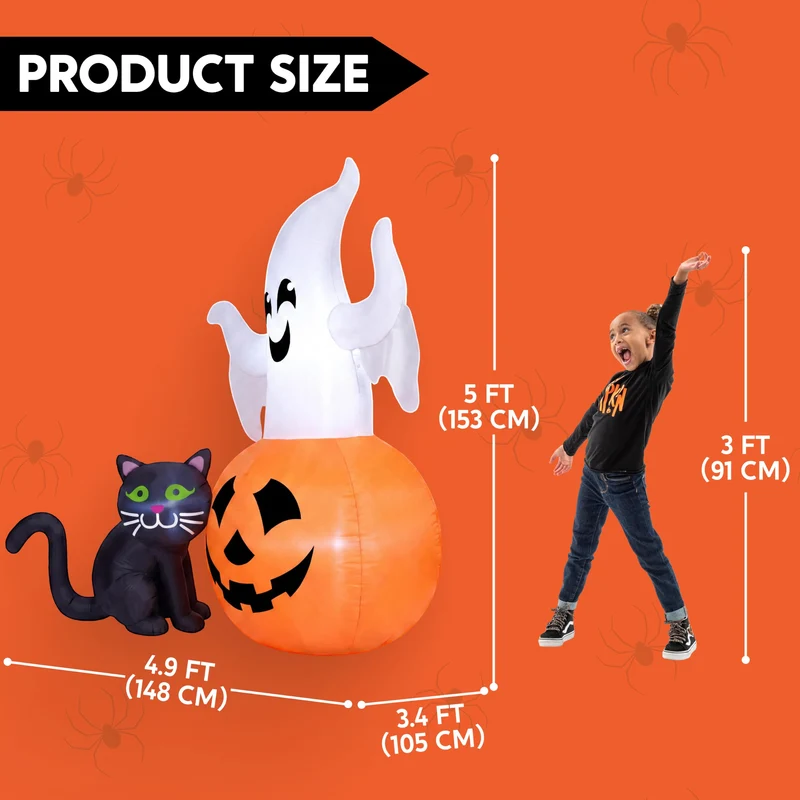 JOYIN 5 FT Lighted Ghost on Pumpkin with Black Cat - Halloween Inflatable