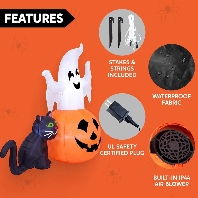 JOYIN 5 FT Lighted Ghost on Pumpkin with Black Cat - Halloween Inflatable
