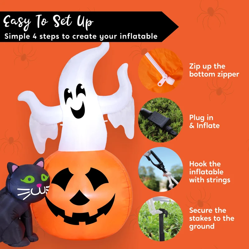 JOYIN 5 FT Lighted Ghost on Pumpkin with Black Cat - Halloween Inflatable