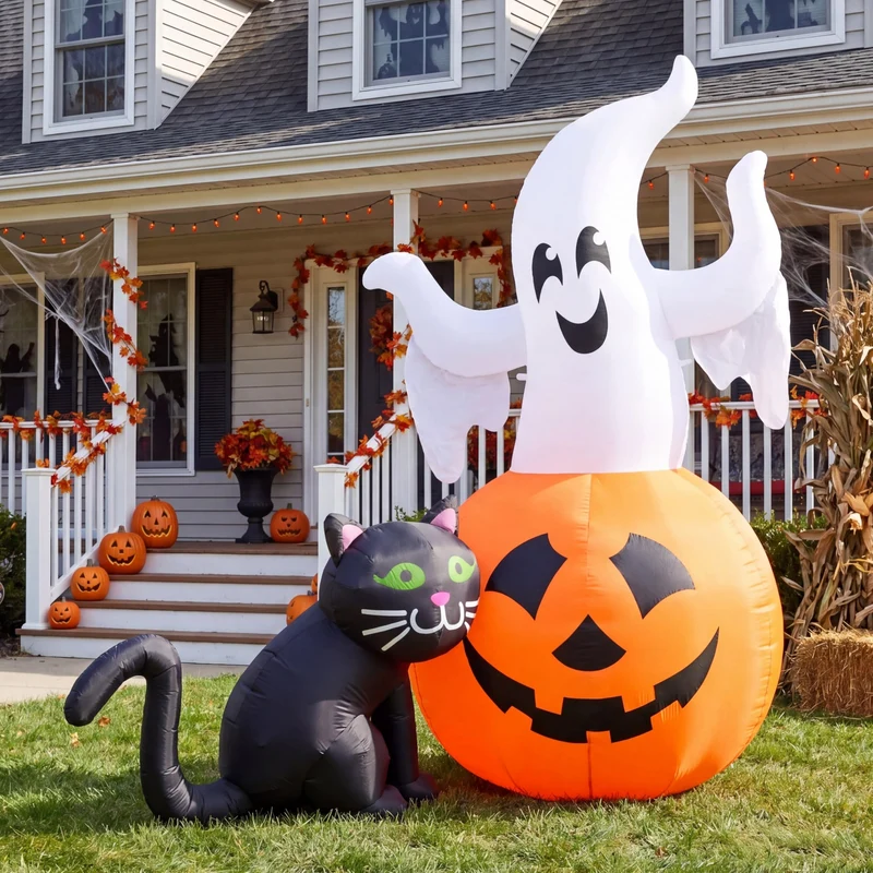 JOYIN 5 FT Lighted Ghost on Pumpkin with Black Cat - Halloween Inflatable