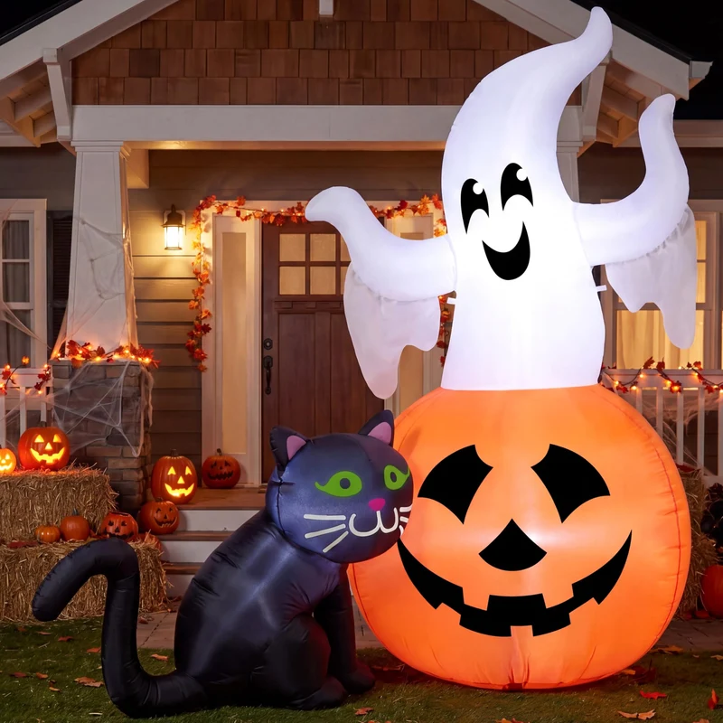 JOYIN 5 FT Lighted Ghost on Pumpkin with Black Cat - Halloween Inflatable