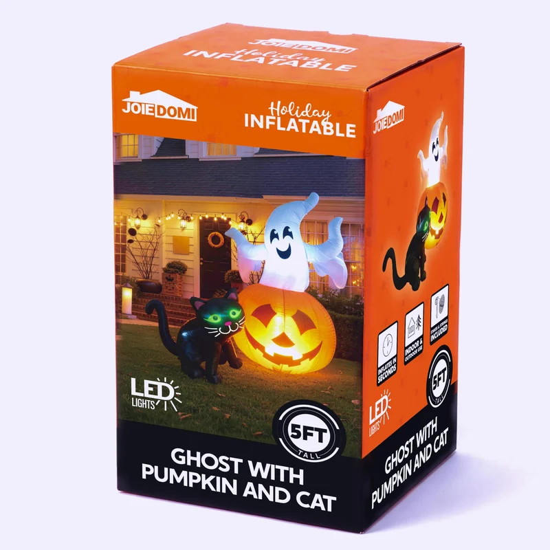 JOYIN 5 FT Lighted Ghost on Pumpkin with Black Cat - Halloween Inflatable