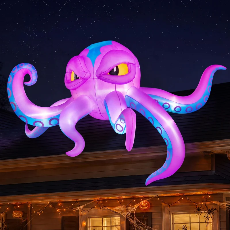 JOYIN 10 FT Inflatable Rooftop Octopus - LED Light Up Halloween Decor