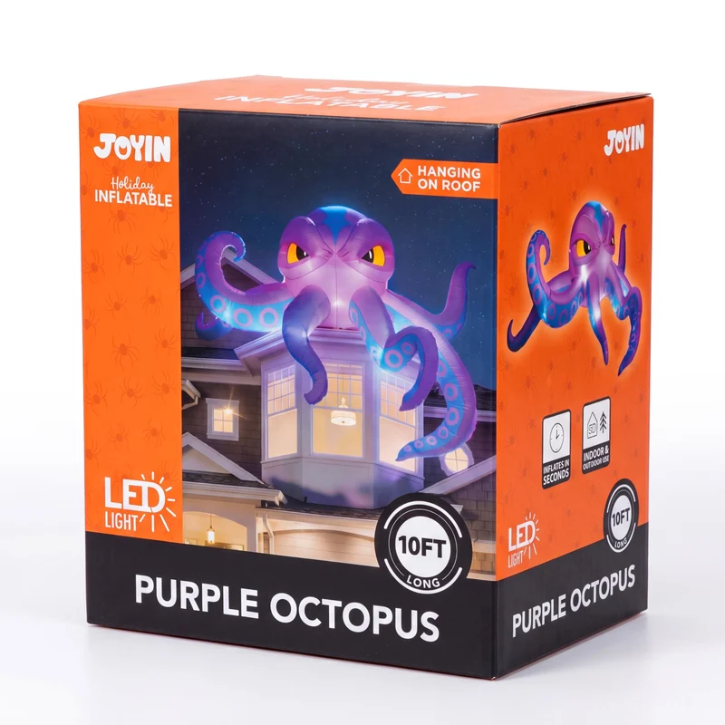 JOYIN 10 FT Inflatable Rooftop Octopus - LED Light Up Halloween Decor