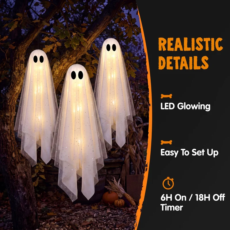 JOYIN 3 PCS Light Up Hanging Ghosts - Warm White LED Halloween Decor