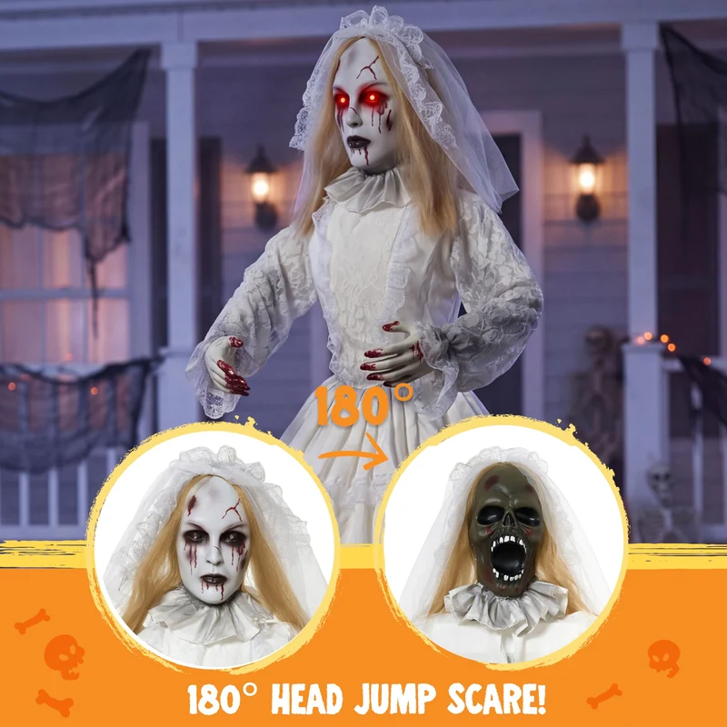 JOYIN 67" Animatronic Bride - 180° Twisting Head Jump Scare Halloween Prop