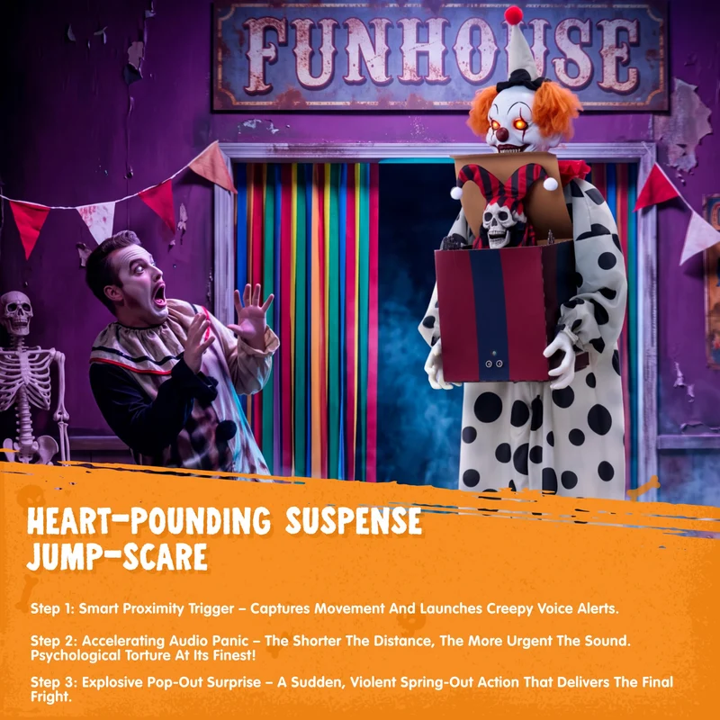 JOYIN 67" Animatronic Clown with Pop-Up Box - Motion Activated Halloween Prop
