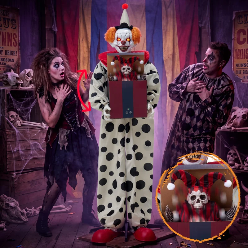 JOYIN 67" Animatronic Clown with Pop-Up Box - Motion Activated Halloween Prop