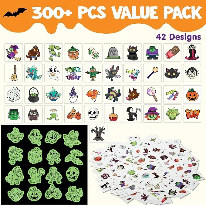 JOYIN 306 PCS Halloween Glow Temporary Tattoos - 42 Designs for Kids