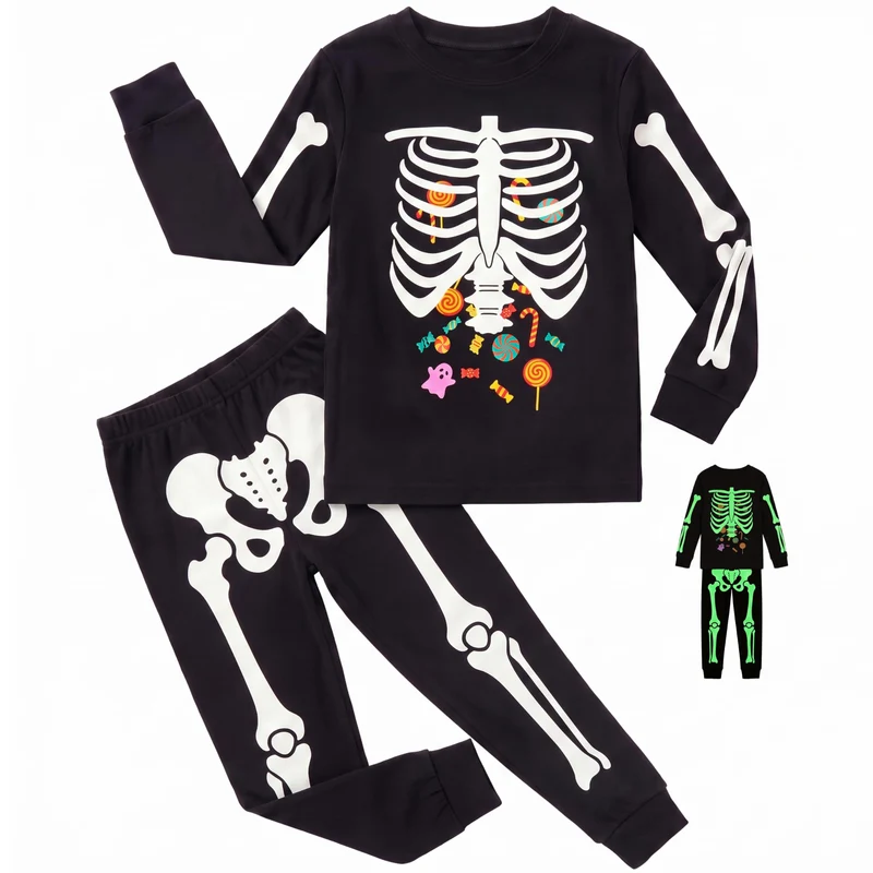 Giggling Getup Kids Skeleton Pajamas - Glow in the Dark 100% Cotton for 3T-8Y