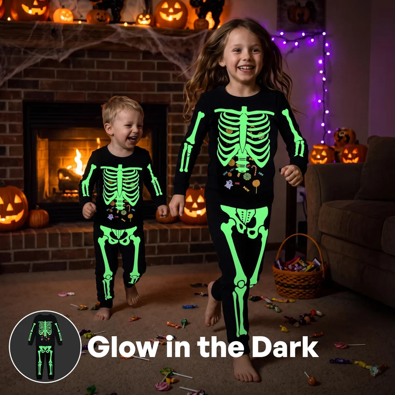 Giggling Getup Kids Skeleton Pajamas - Glow in the Dark 100% Cotton for 3T-8Y