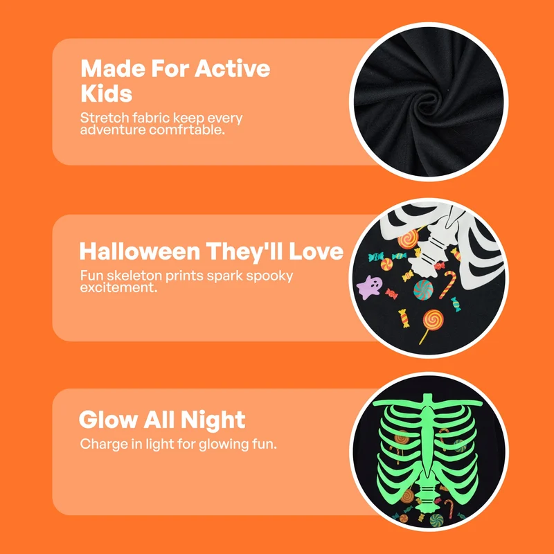Giggling Getup Kids Skeleton Pajamas - Glow in the Dark 100% Cotton for 3T-8Y