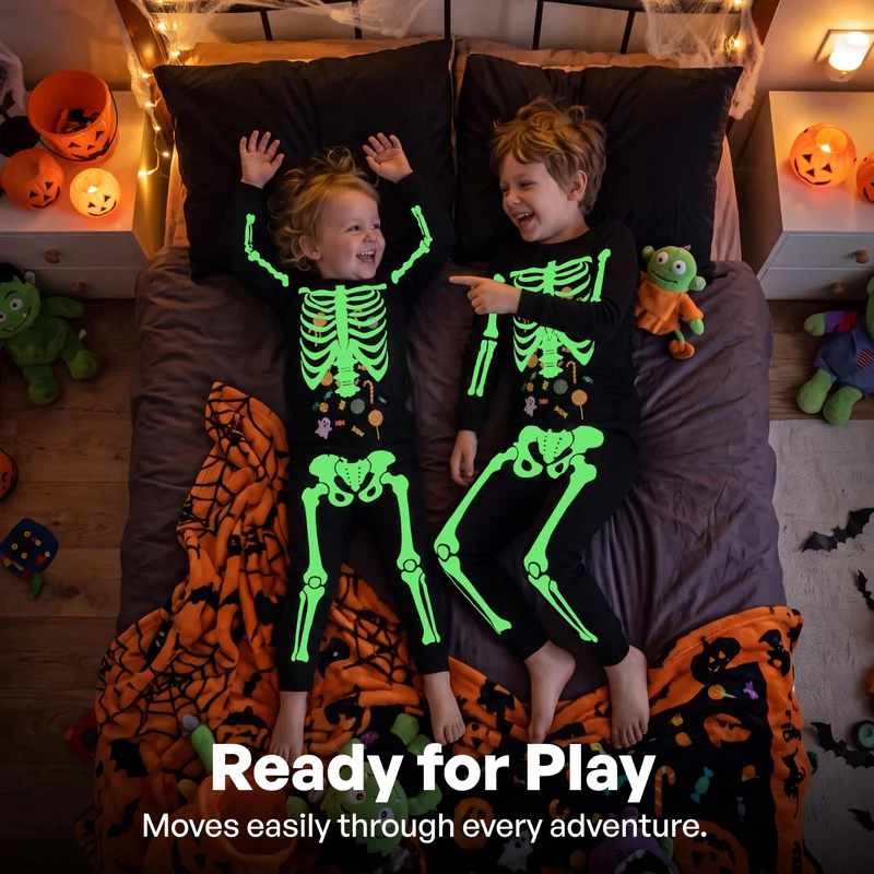 Giggling Getup Kids Skeleton Pajamas - Glow in the Dark 100% Cotton for 3T-8Y