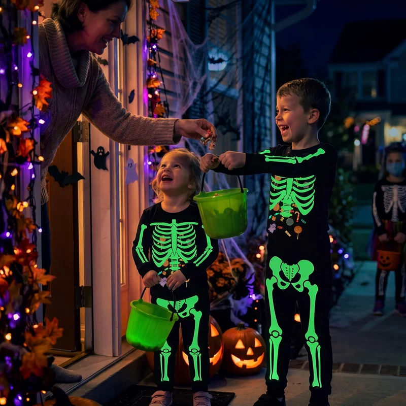 Giggling Getup Kids Skeleton Pajamas - Glow in the Dark 100% Cotton for 3T-8Y