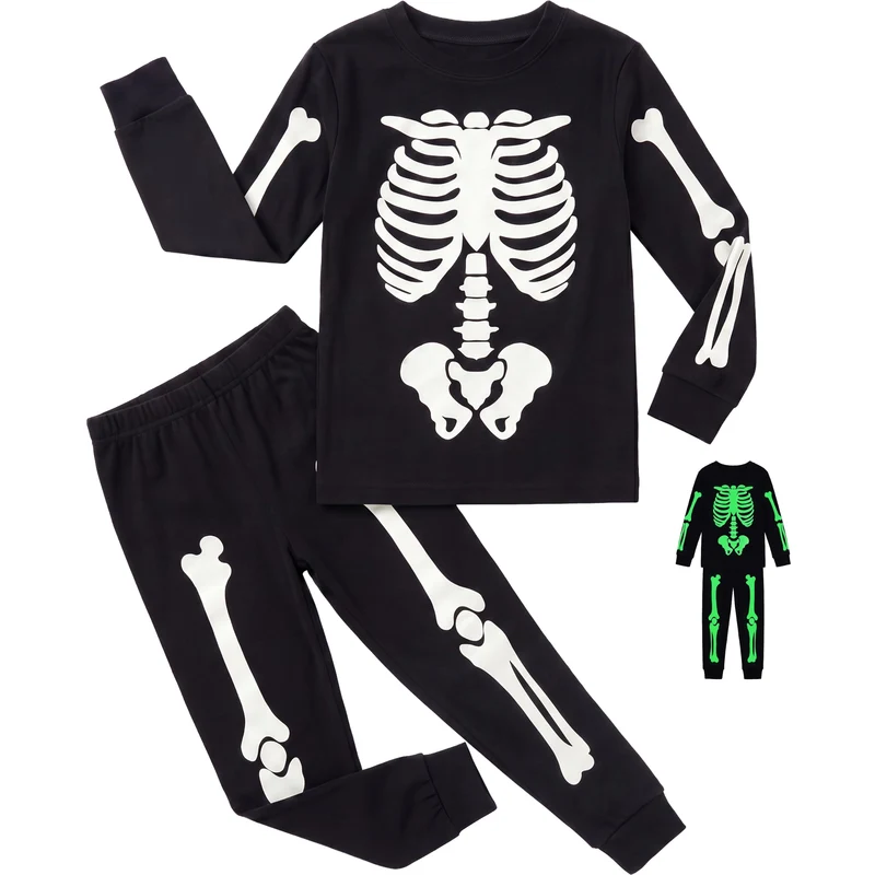 Giggling Getup Kids Skeleton Pajamas - Glow in the Dark 100% Cotton for 3T-8Y