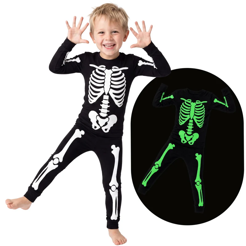Giggling Getup Kids Skeleton Pajamas - Glow in the Dark 100% Cotton for 3T-8Y