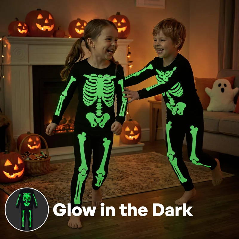 Giggling Getup Kids Skeleton Pajamas - Glow in the Dark 100% Cotton for 3T-8Y