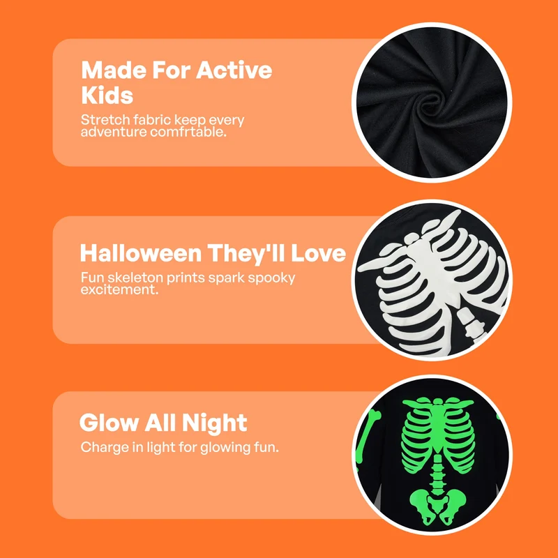 Giggling Getup Kids Skeleton Pajamas - Glow in the Dark 100% Cotton for 3T-8Y