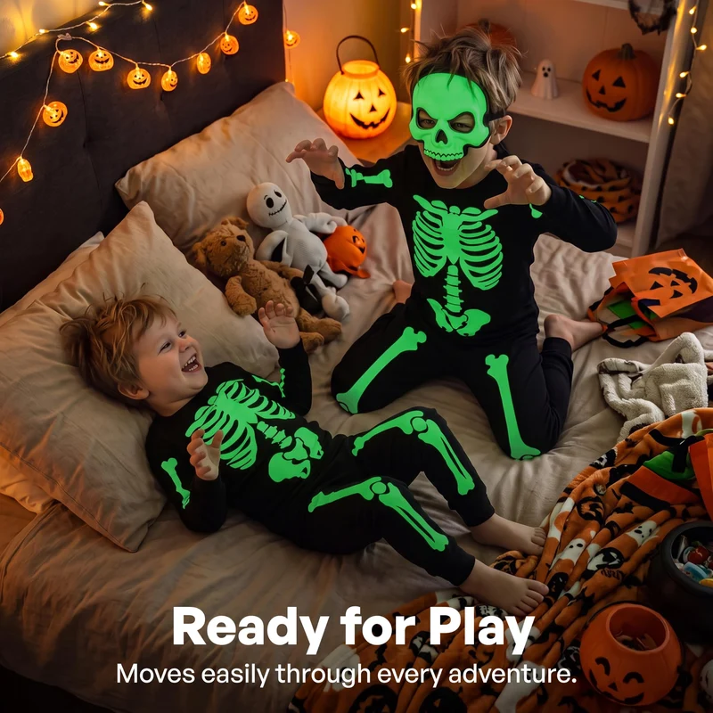 Giggling Getup Kids Skeleton Pajamas - Glow in the Dark 100% Cotton for 3T-8Y