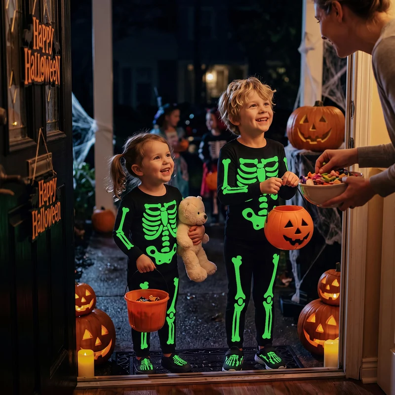 Giggling Getup Kids Skeleton Pajamas - Glow in the Dark 100% Cotton for 3T-8Y