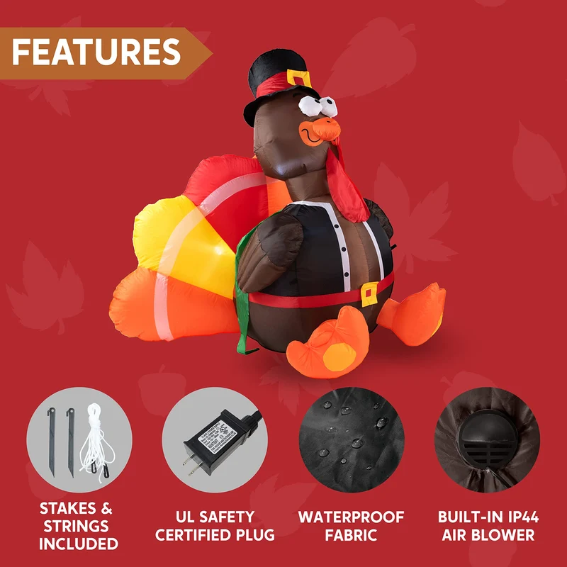 JOYIN 6 FT Thanksgiving Inflatable Turkey - LED Light Up Outdoor Decor