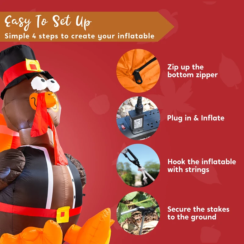 JOYIN 6 FT Thanksgiving Inflatable Turkey - LED Light Up Outdoor Decor