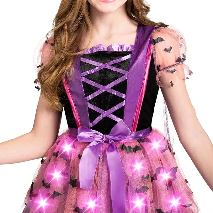 JOYIN Girls Light Up Witch Costume - Kids Halloween Set with Hat & Broom