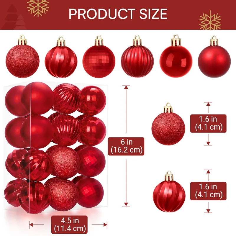 Joiedomi 24 PCS Red Christmas Balls - 1.6" Shatterproof Tree Ornaments