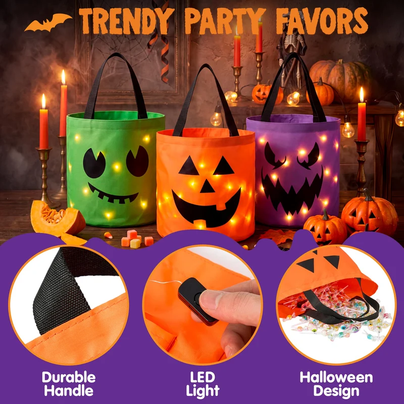 JOYIN 3 PCS Light Up Pumpkin Buckets - Glow While You Trick or Treat
