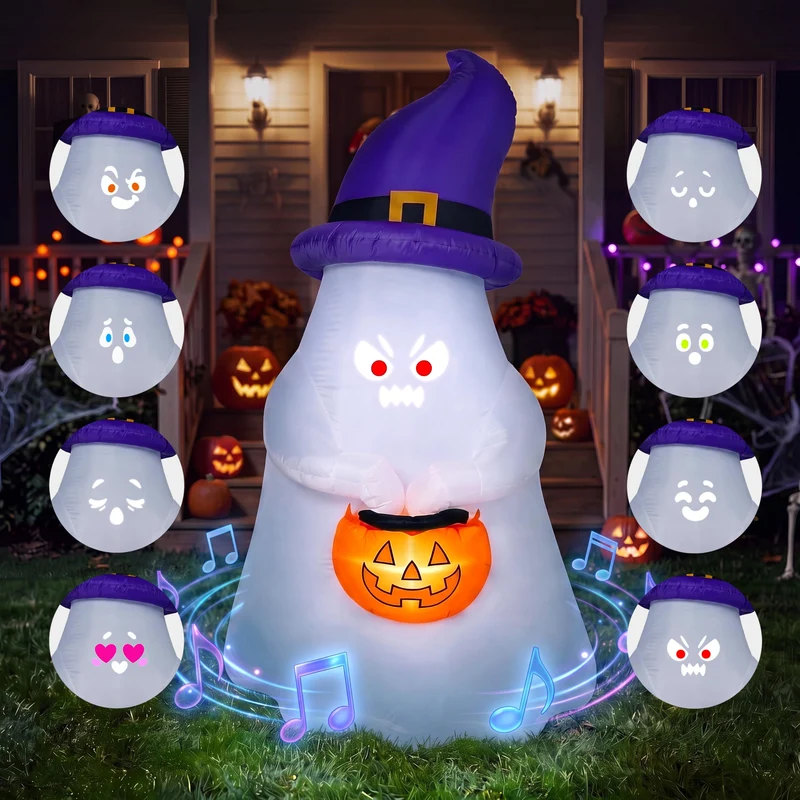 Joiedomi 5 FT Inflatable Witch Ghost with Projector Face & Music - LED Decor
