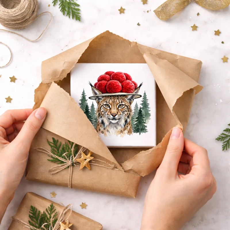 Schwarzwald Bollenhut - Wald Tier Luchs Holzbild in 10x10 cm zum Stellen oder Aufhängen