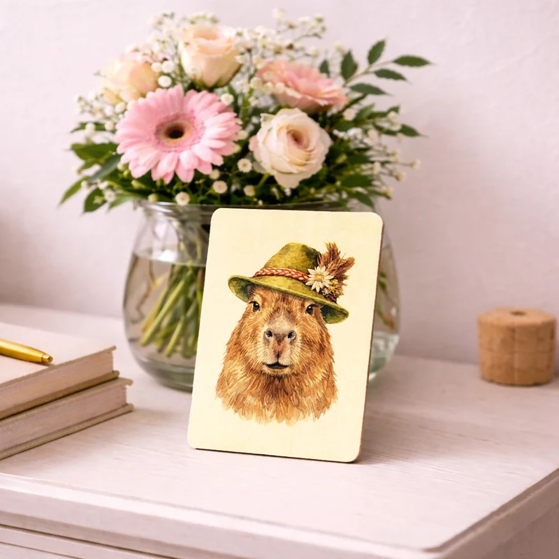 Capybara mit alpenländischem Trachtenhut Postkarte aus Holz