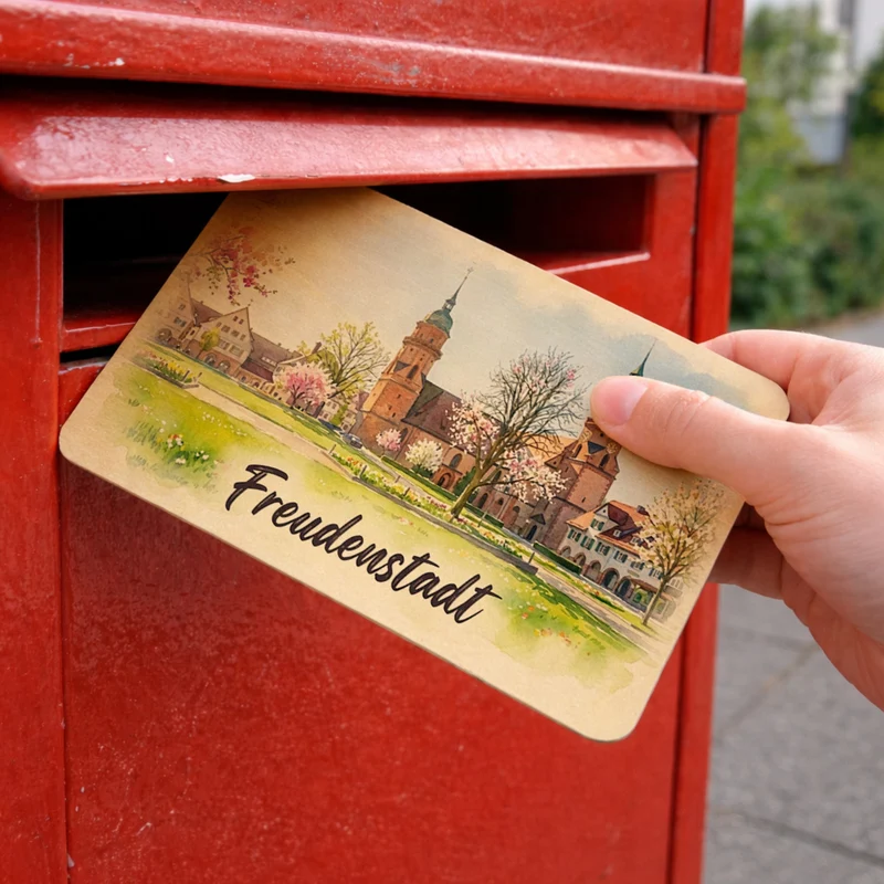 Aquarellkirche Freudenstadt Postkarte aus Holz mit Kirschblüten