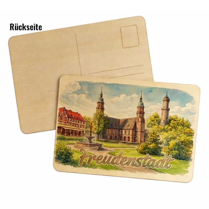 Aquarell Freudenstadt Postkarte aus Holz mit Kirche