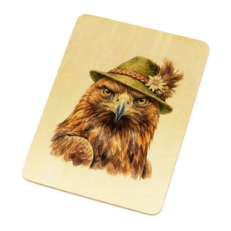 Steinadler mit alpenländischem Trachtenhut Postkarte aus Holz