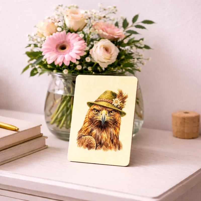 Steinadler mit alpenländischem Trachtenhut Postkarte aus Holz