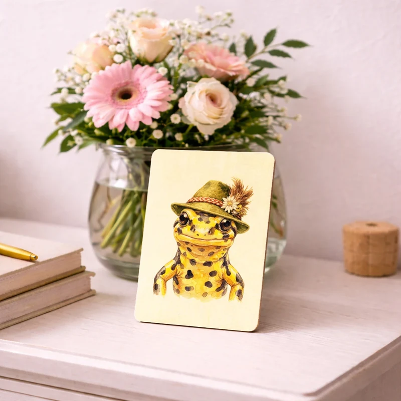 Feuersalamander mit alpenländischem Trachtenhut Postkarte aus Holz