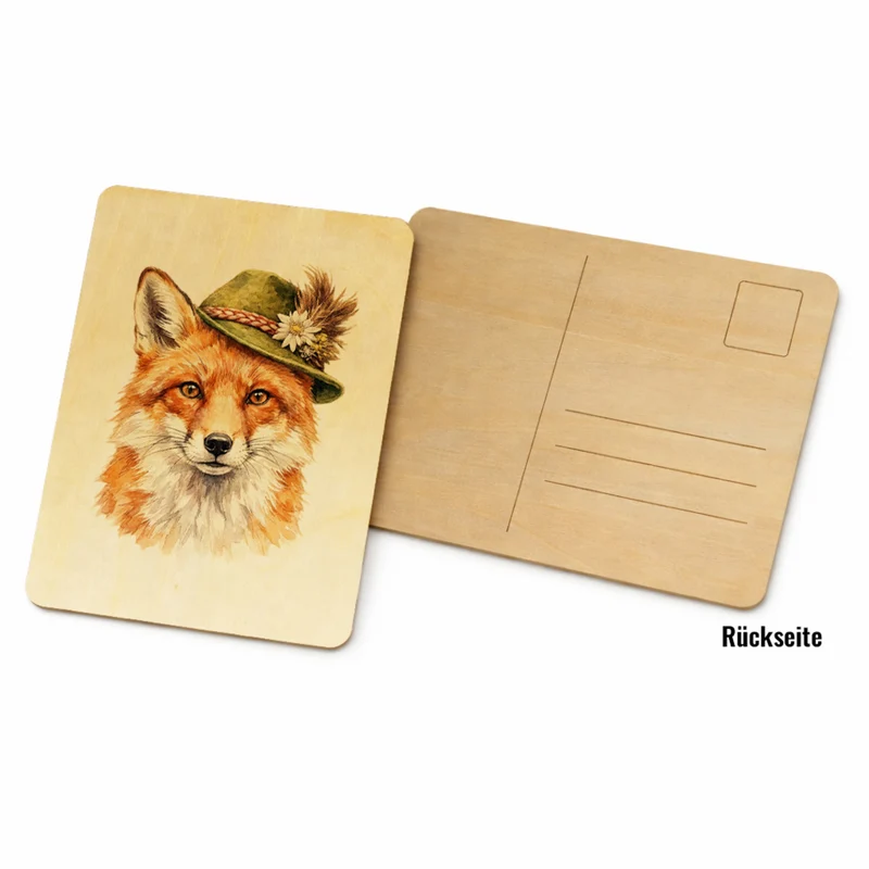 Fuchs mit alpenländischem Trachtenhut Postkarte aus Holz