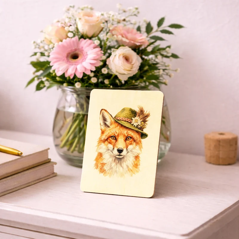 Fuchs mit alpenländischem Trachtenhut Postkarte aus Holz