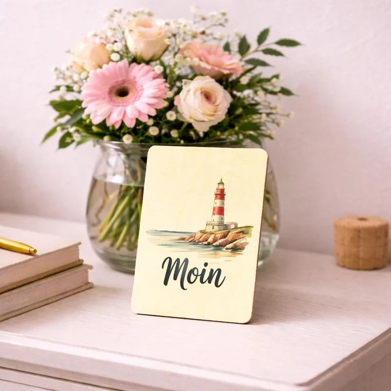Leuchtturm Postkarte aus Holz - Moin
