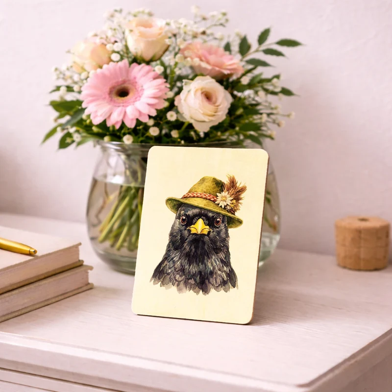 Alpendohle mit alpenländischem Trachtenhut Postkarte aus Holz