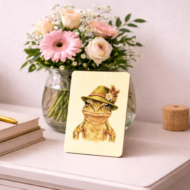 Grasfrosch mit alpenländischem Trachtenhut Postkarte aus Holz