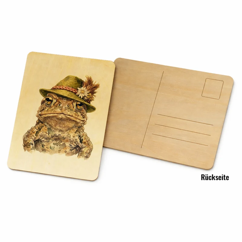 Erdkröte mit alpenländischem Trachtenhut Postkarte aus Holz