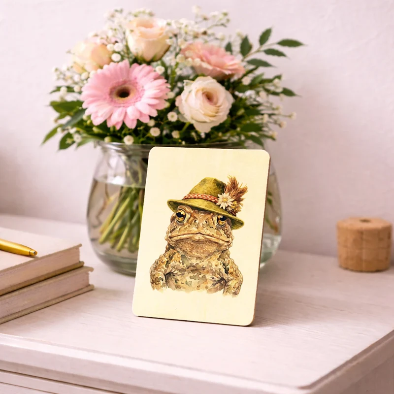 Erdkröte mit alpenländischem Trachtenhut Postkarte aus Holz