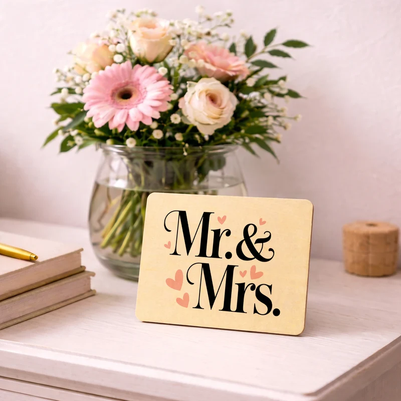 Mr. & Mrs. Postkarte aus Holz mit romantischem Herz-Design