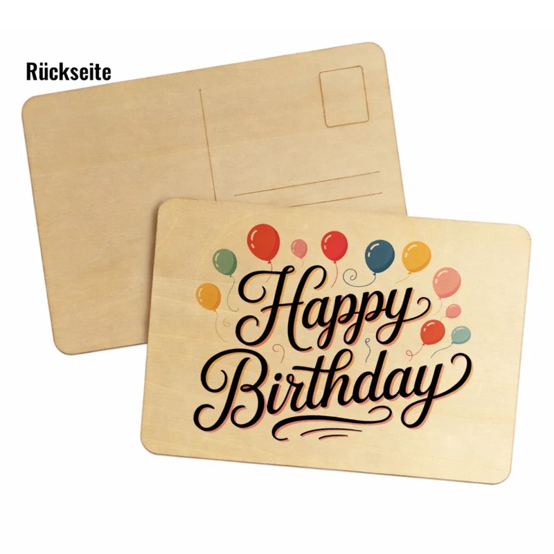 Happy Birthday Ballons Postkarte aus Holz mit Kalligrafie