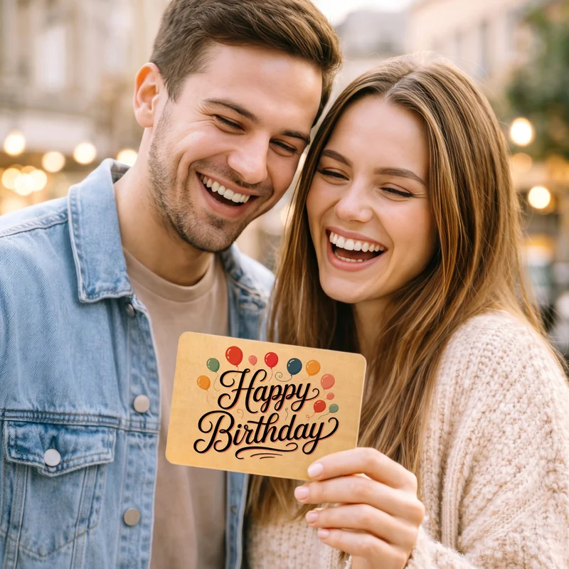 Happy Birthday Ballons Postkarte aus Holz mit Kalligrafie