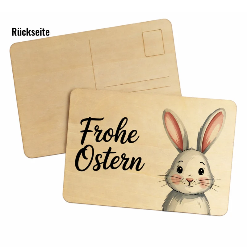 Grauer Hase Aquarell Frohe Ostern Postkarte aus Holz